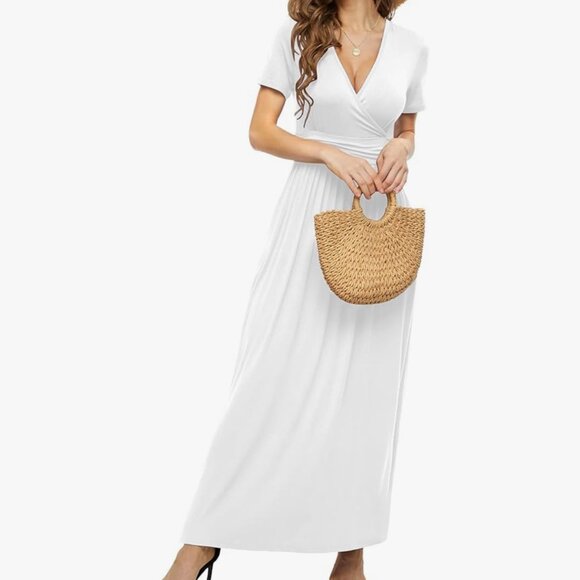 LILBETTER Women's Summer Short Sleeves Dress Wrap Waist Maxi Dresses with Pocket - Picture 1 of 15